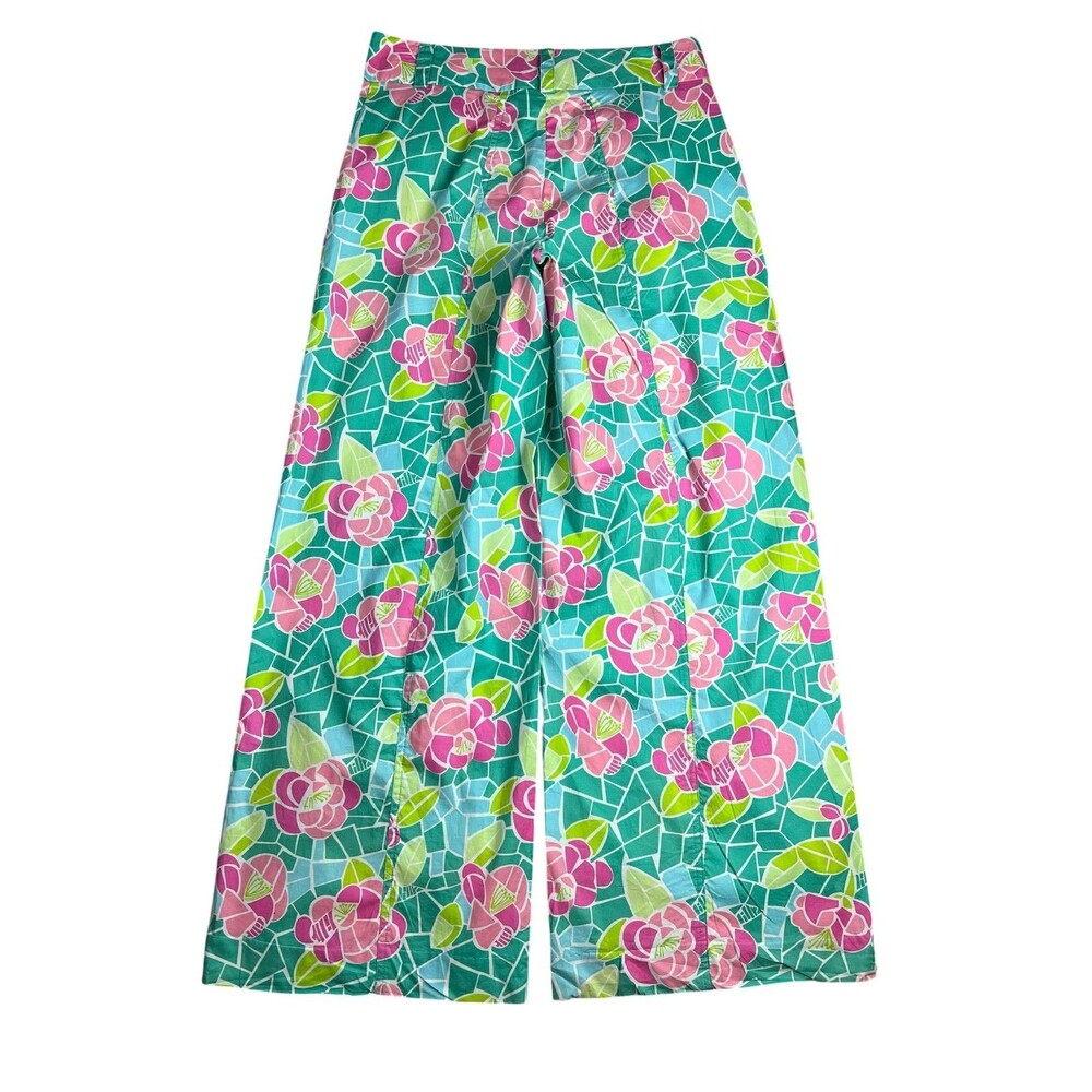 Lilly Pulitzer Pink & Green Floral Mozaic High Waist Wide Leg Pants  Size 8 - Picture 2 of 13
